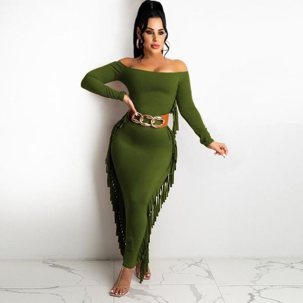 casual dresses classic solid color off shoulder backless dress women slash neck long sleeve bodycon stylish side tassels sheath robe, Black;gray